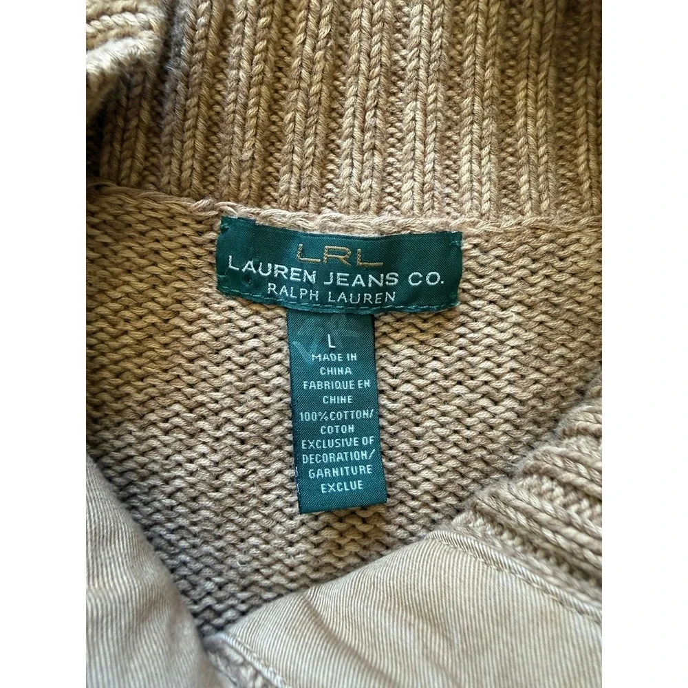 Tan Knit‎ Button Front Cardigan Sweater Canvas Shoulder Patches Metal Buttons